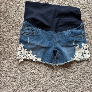 Maternity Denim Shorts with Navy Panel and White Lace Trim